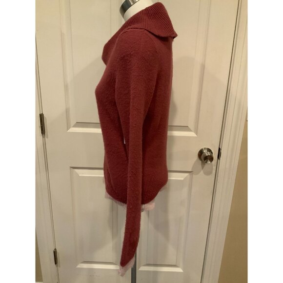 Sleeping on Snow Dark Pink Cowl Neck Sweater W/ Light Pink Crochet Trim, Size L - Picture 4 of 9